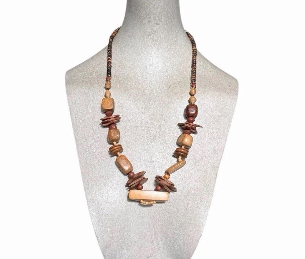 Boho Chunky Wooden Bead Necklace Brown Geometric Statement Jewelry Retro Tribal